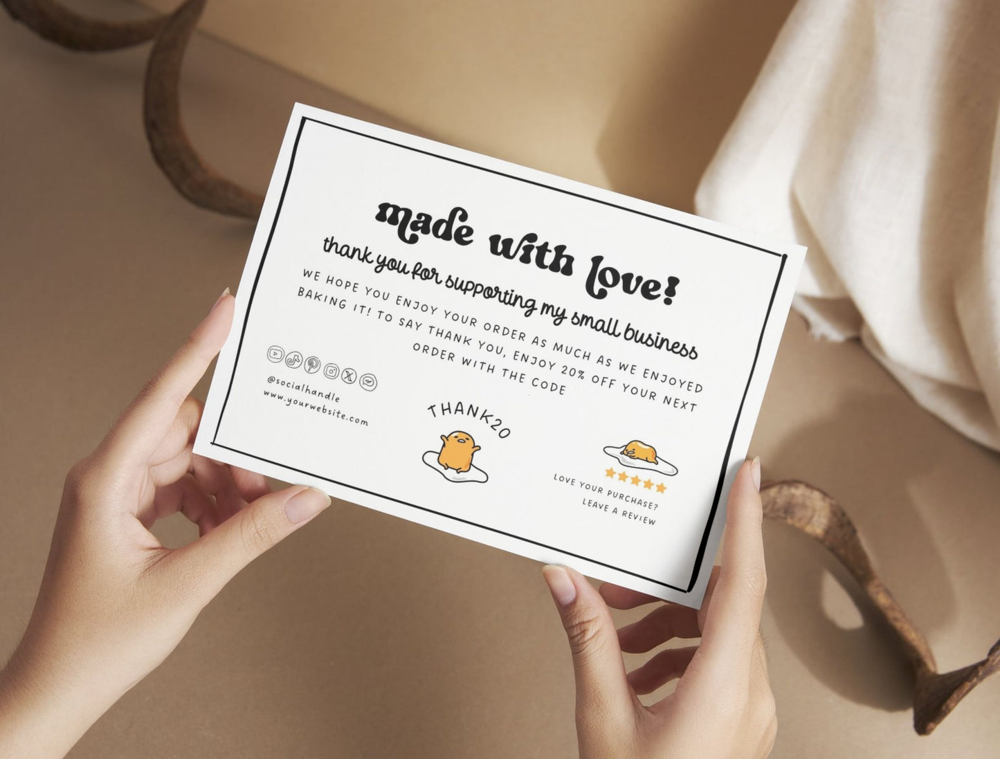 Small Business Printable Canva Templates – Thank You & Loyalty Card, Gift Certificate, QR Code Payment Gudetama Playful Fun Theme