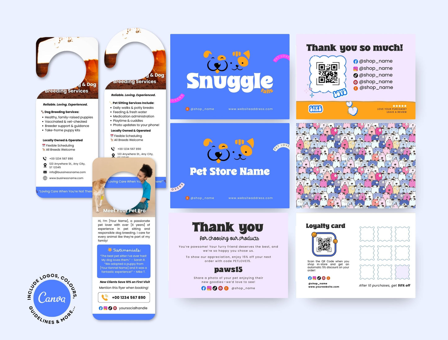 Pet Business Printable Canva Templates – Thank You & Loyalty Card, Door Hanger QR Code SnuggleTails Blue Theme