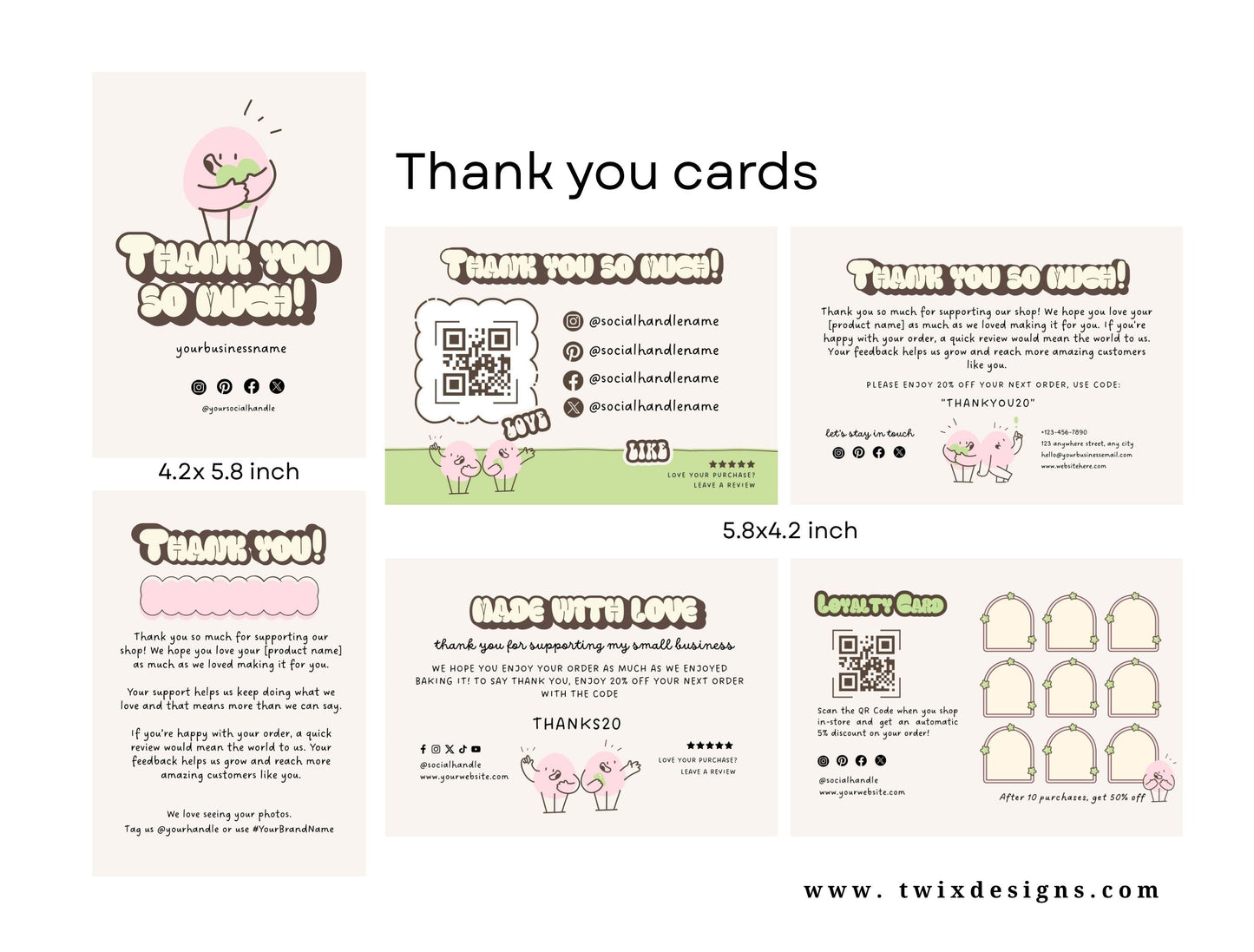Small Business Printable Kit Canva Templates – Thank You Card, Loyalty Card, Gift Certificate, QR Code Payment Mochie Theme