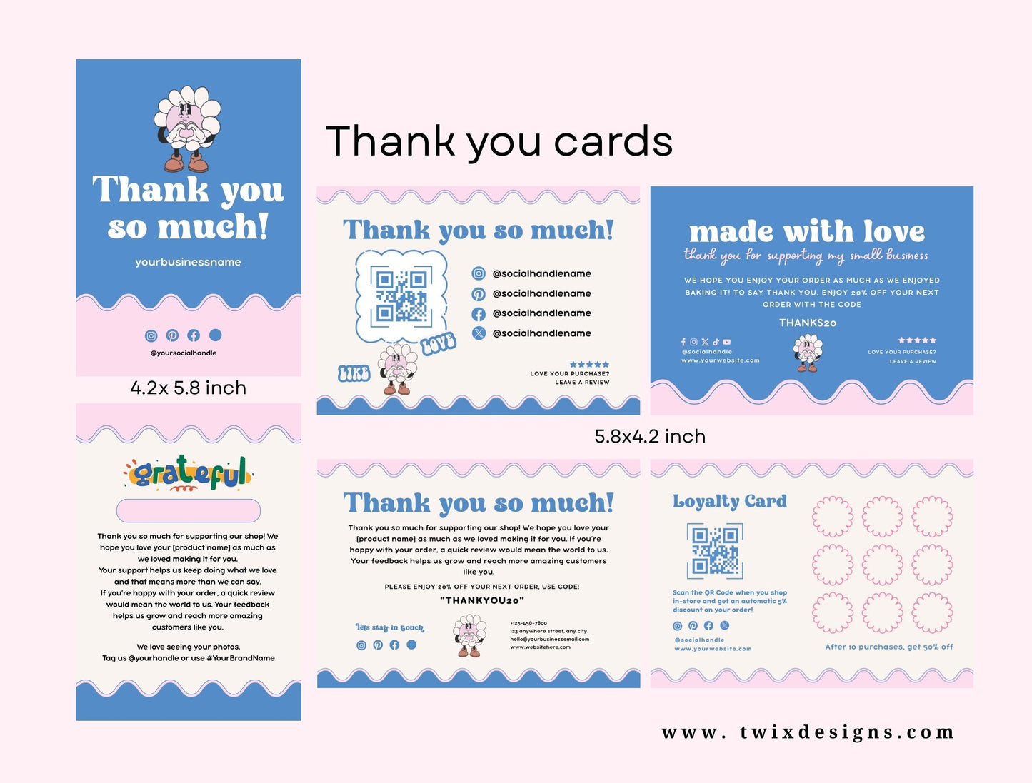 Small Business Printable Kit Canva Templates – Thank You Card, Loyalty Card, Gift Certificate, QR Code Payment Blush&Blue Theme