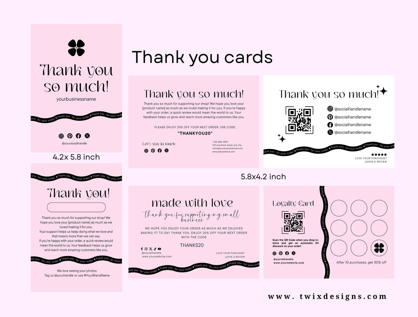 Small Business Printable Kit Canva Templates – Thank You Card, Loyalty Card, Gift Certificate, QR Code Payment Pinkvibe Theme