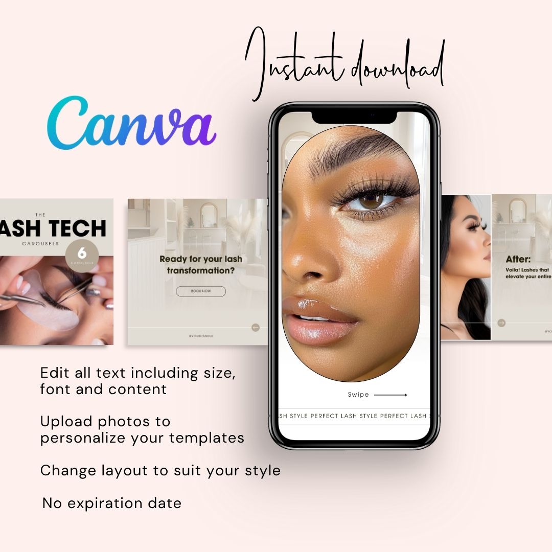 30 Lash Tech Carousel Instagram Posts Editable Canva Template