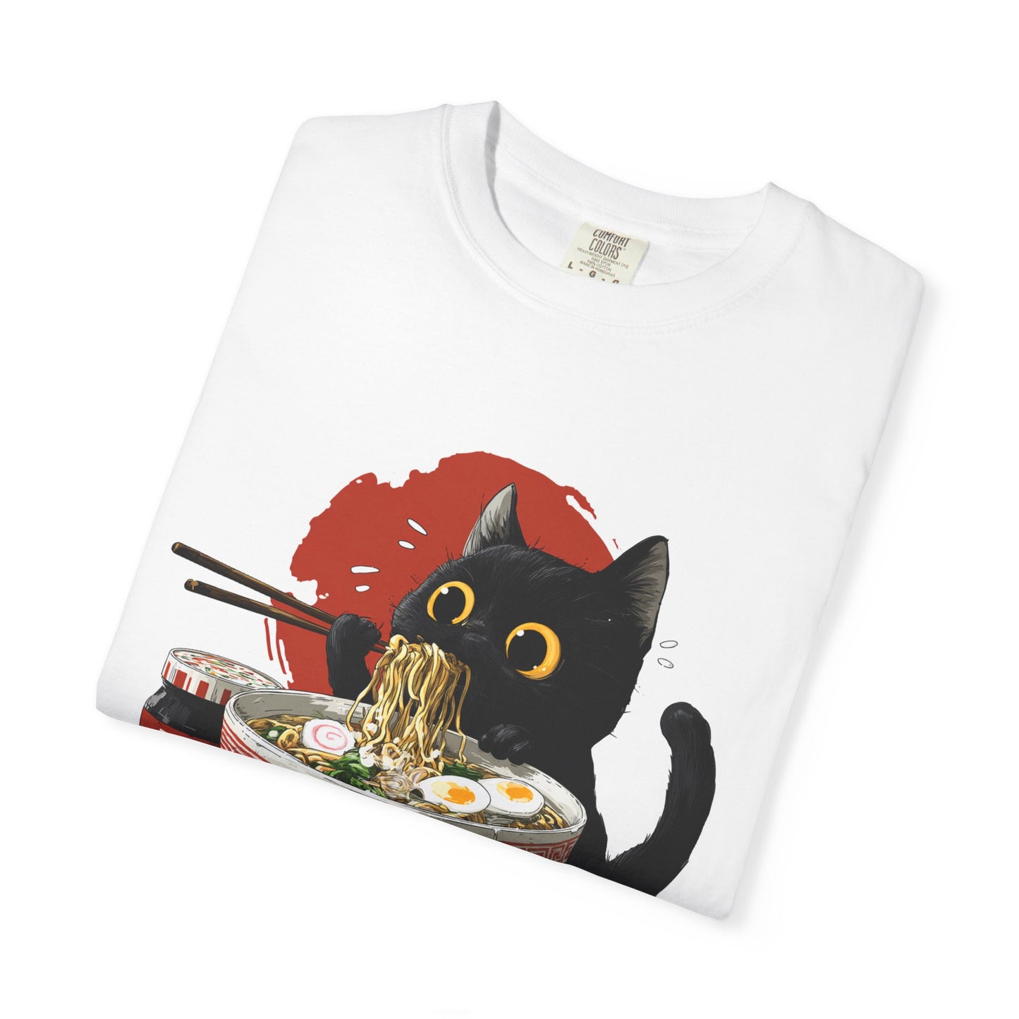 Cat eating ramen noodles Unisex Garment-Dyed T-Shirt - Casual Vintage Style for Everyday Wear