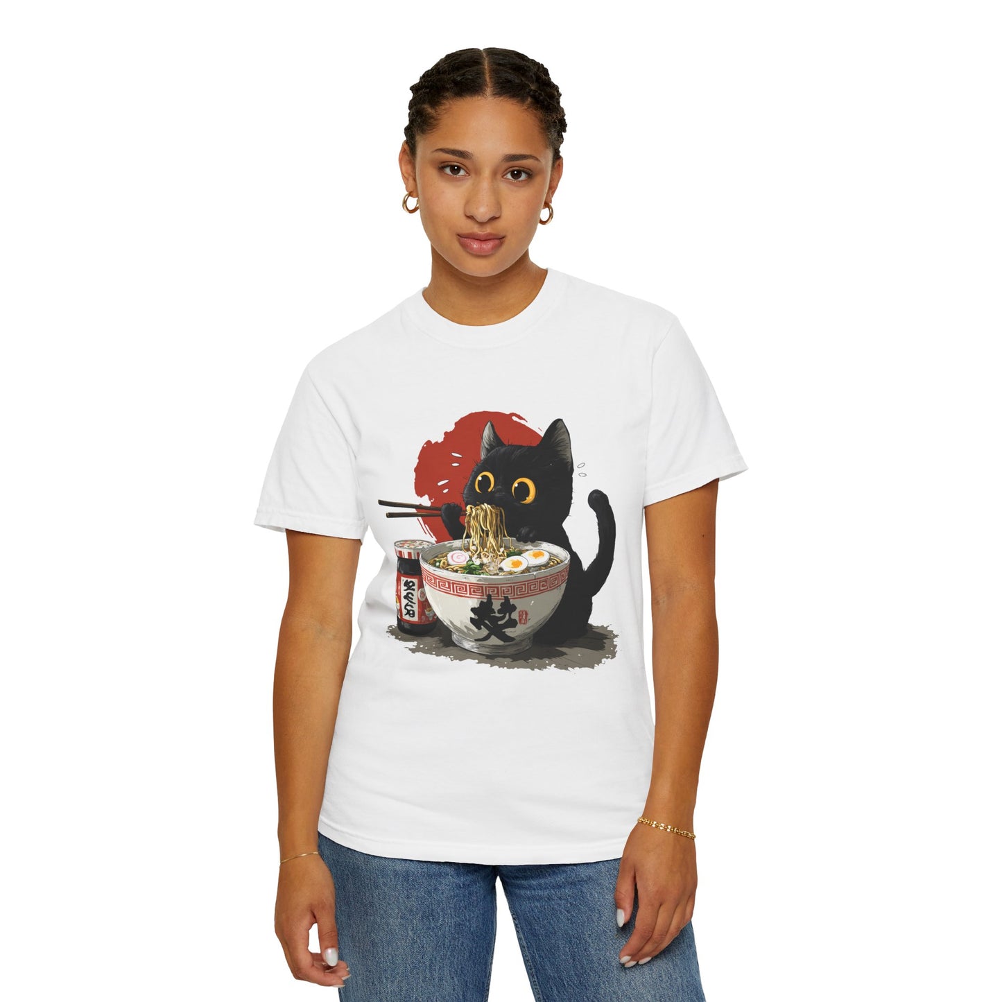 Cat eating ramen noodles Unisex Garment-Dyed T-Shirt - Casual Vintage Style for Everyday Wear