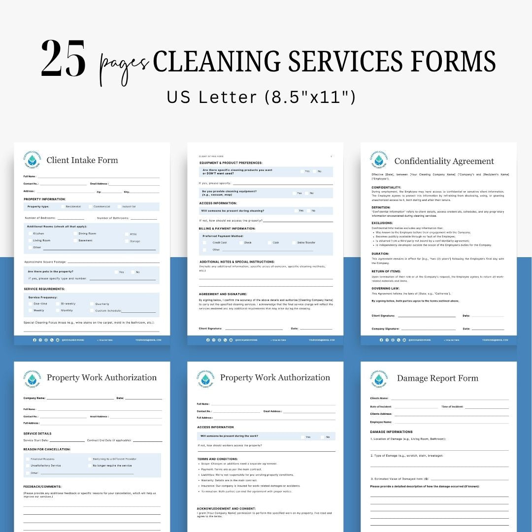 Cleaning Services Bundle, Business Forms, Door Hanger, Flyers, Business Card, Social Media Post, Canva Templates Blue Themes