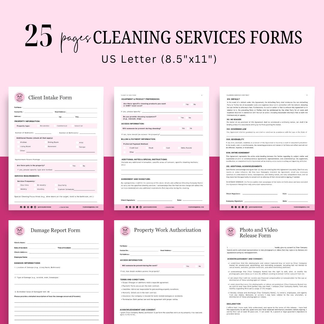 Cleaning Services Bundle, Business Forms, Door Hanger, Flyers, Business Card, Social Media Post, Canva Templates Pink Theme
