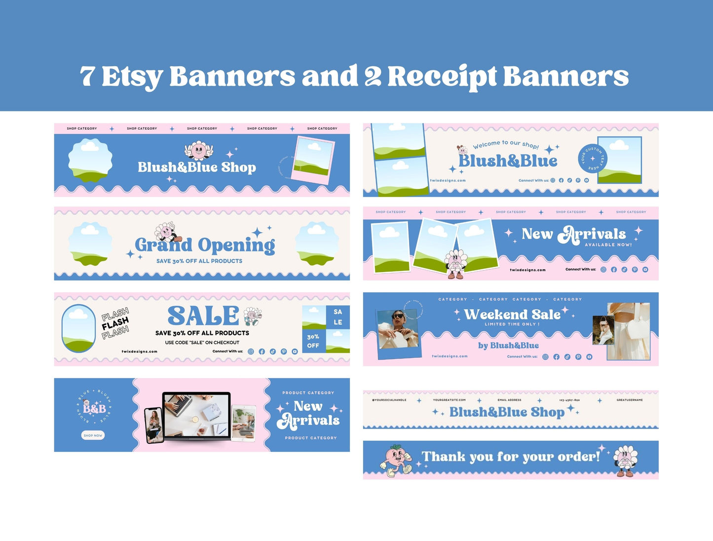 Etsy Shop Kit Blush&Blue Bundle, Editable Canva Templates, Product Listing Photos Mockup, Etsy Seller Store Branding