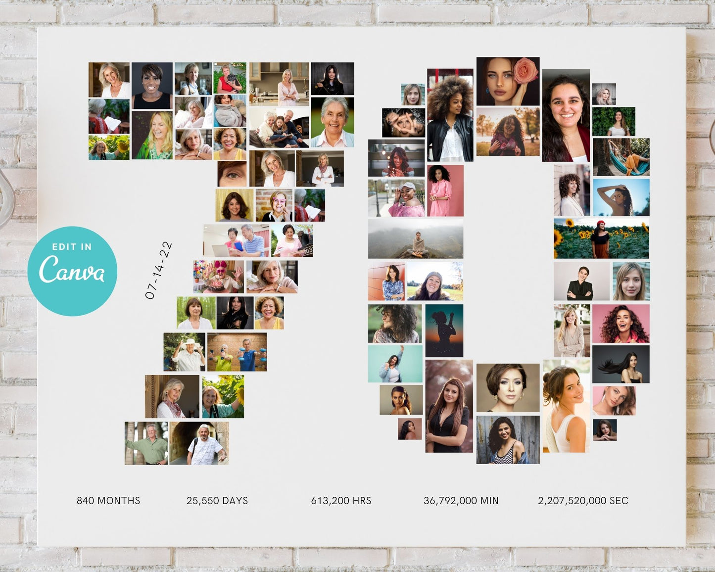 EDITABLE 70 Years Photo Collage, 74 Photos, Canva, DIGITAL