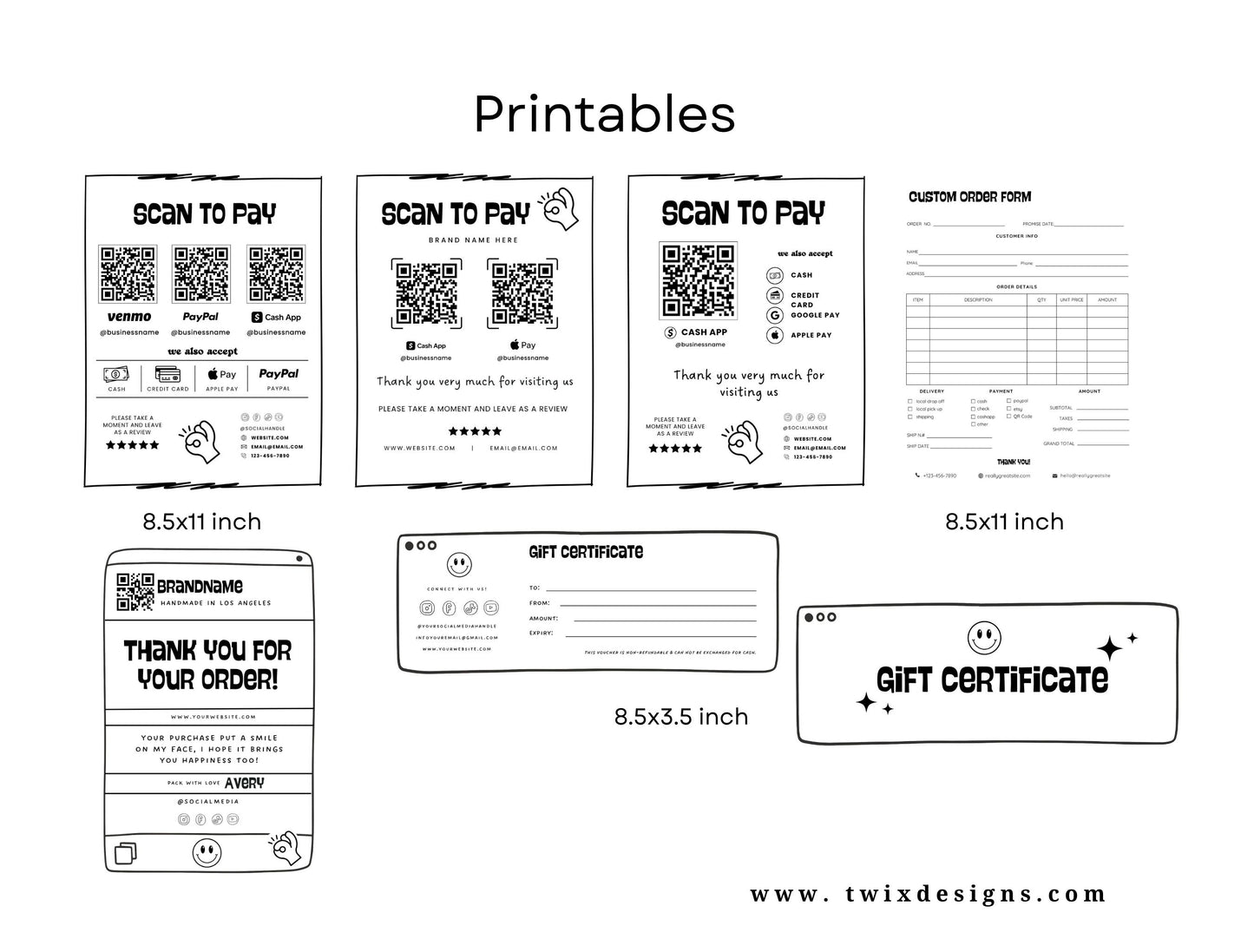 Small Business Printable Kit Canva Templates – Thank You Card, Loyalty Card, Gift Certificate, QR Code Payment toonbite Bakery Playful 2d Cafe Theme