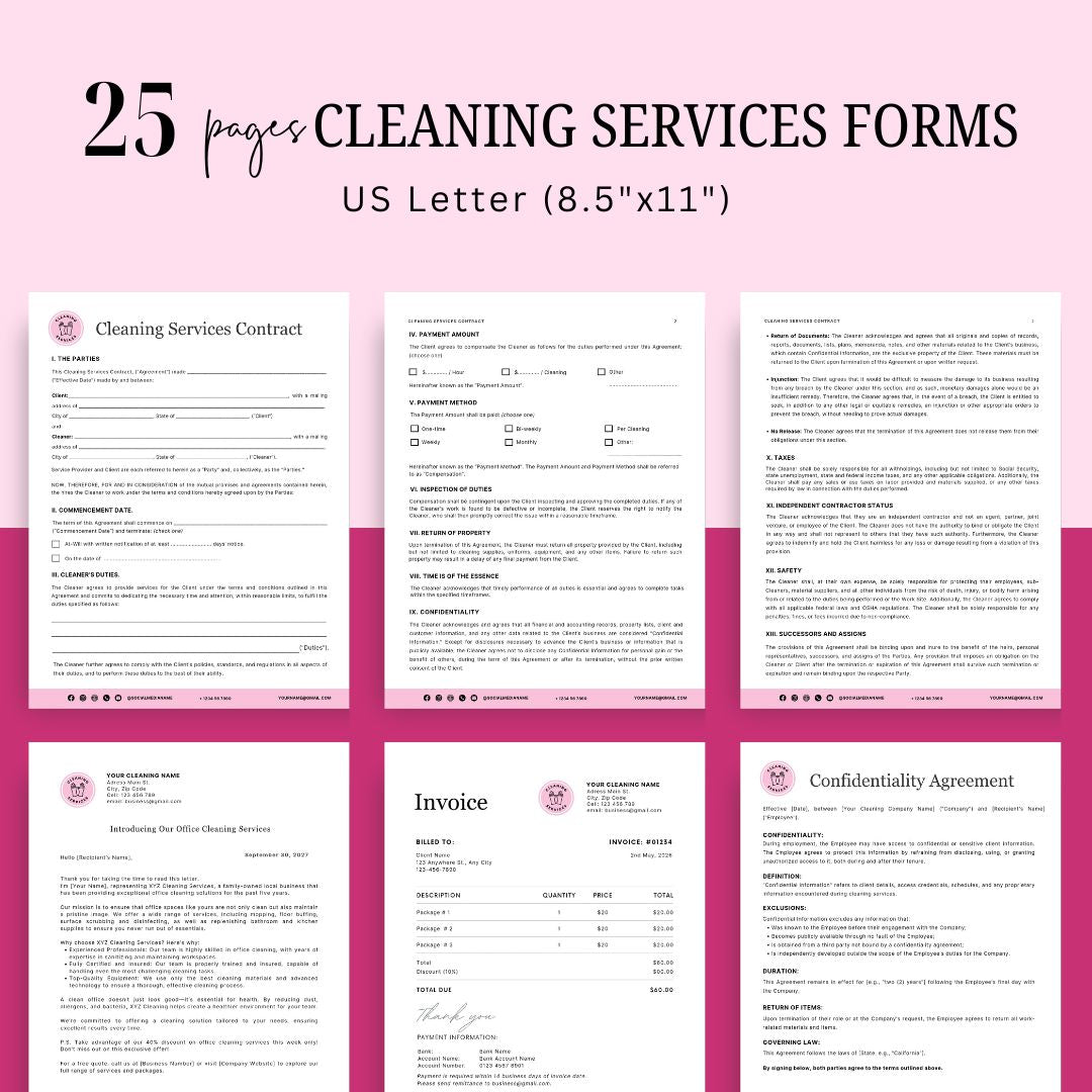 Cleaning Services Bundle, Business Forms, Door Hanger, Flyers, Business Card, Social Media Post, Canva Templates Pink Theme