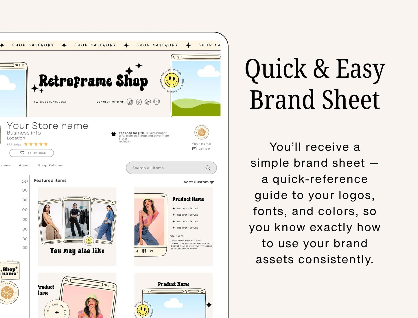 Branding Kit Retroframe Canva Templates Product Fashion Coach Etsy Kit Retro Drawn Beige Theme