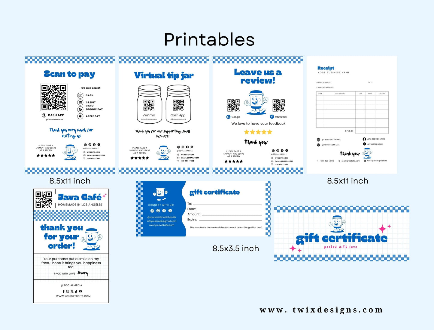 Small Business Printable Kit Canva Templates – Thank You Card, Loyalty Card, Gift Certificate, QR Code Payment JAva CafeTheme