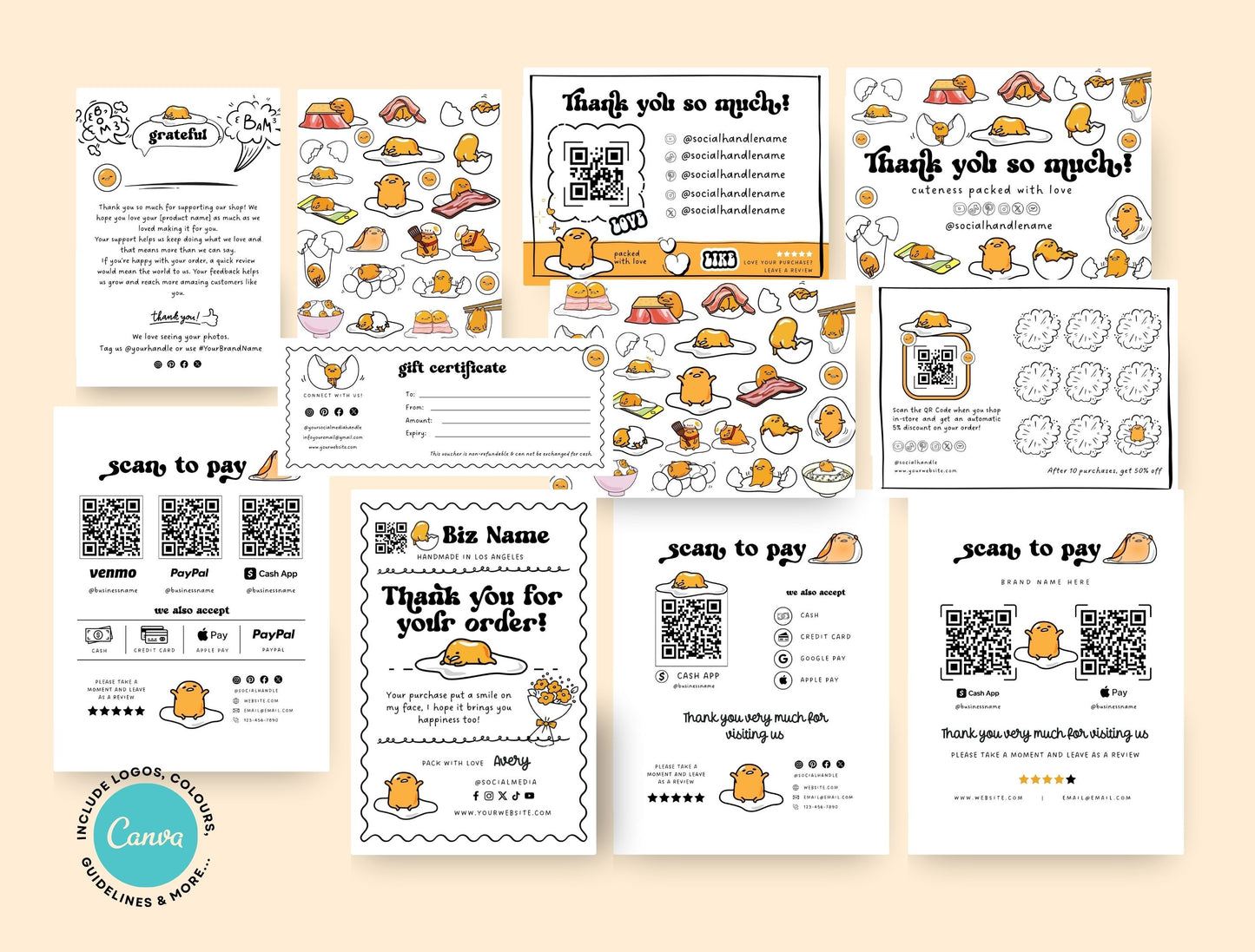 Small Business Printable Canva Templates – Thank You & Loyalty Card, Gift Certificate, QR Code Payment Gudetama Playful Fun Theme