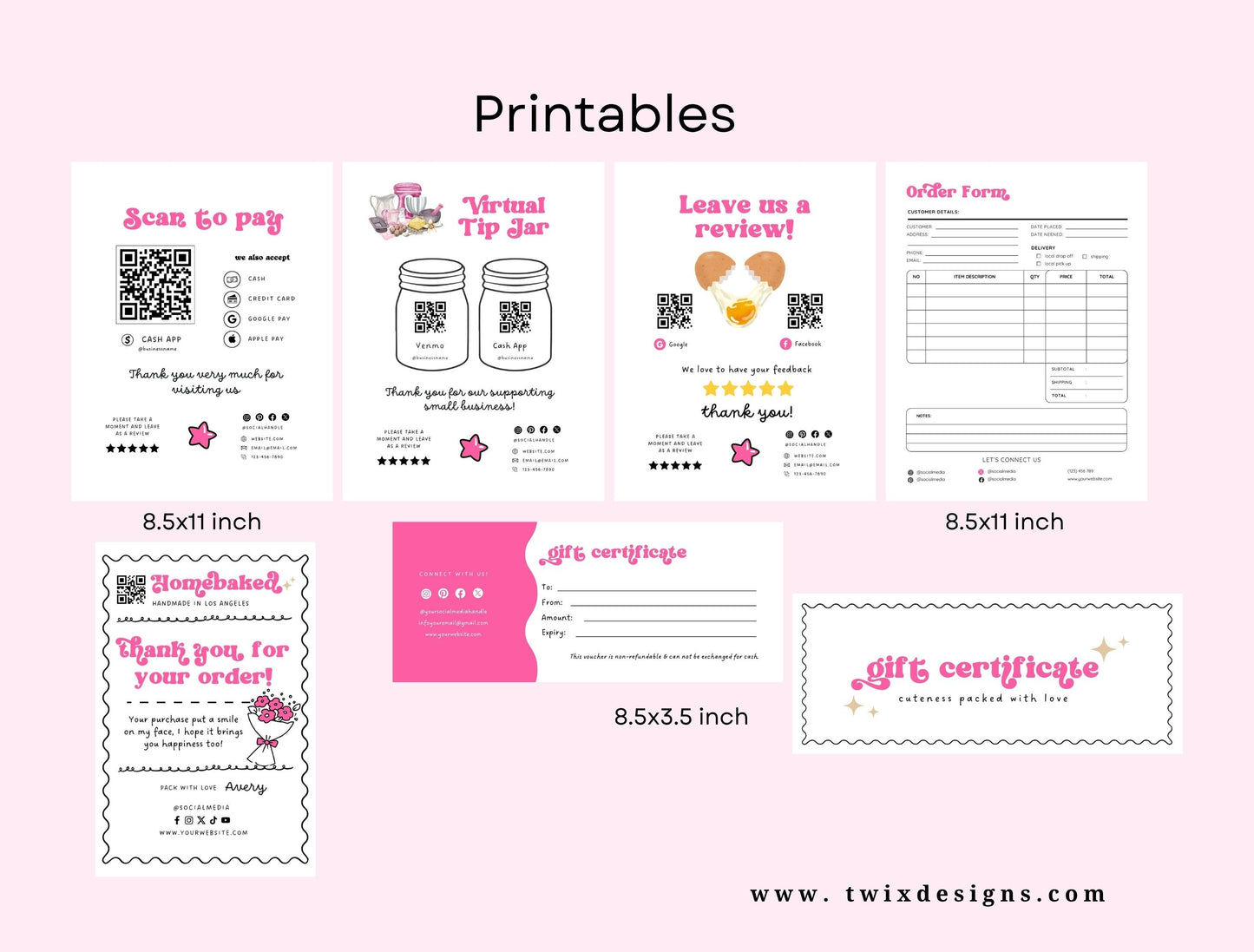 Small Business Printable Kit Canva Templates – Thank You Card, Loyalty Card, Gift Certificate, QR Code Payment Homebaked Bakery Pink Cafe Theme