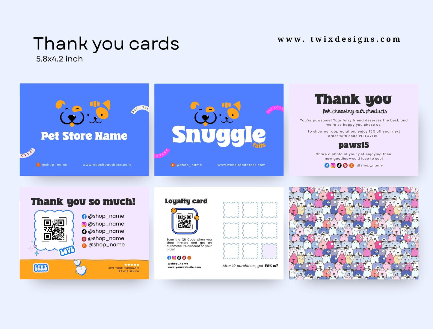 Pet Business Printable Canva Templates – Thank You & Loyalty Card, Door Hanger QR Code SnuggleTails Blue Theme