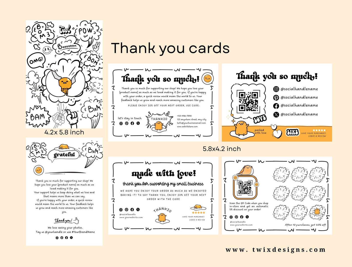 Small Business Printable Canva Templates – Thank You & Loyalty Card, Gift Certificate, QR Code Payment Gudetama Playful Fun Theme