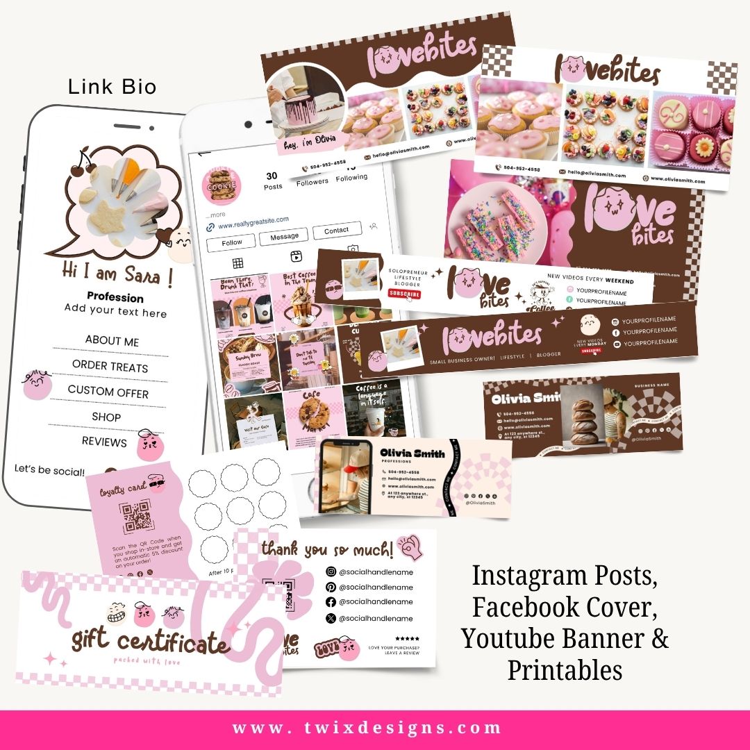 Branding Kit lovebites Editable Canva Templates Business Cards Marketing Posts Sweet Choco Pink Bakery Cafe Theme