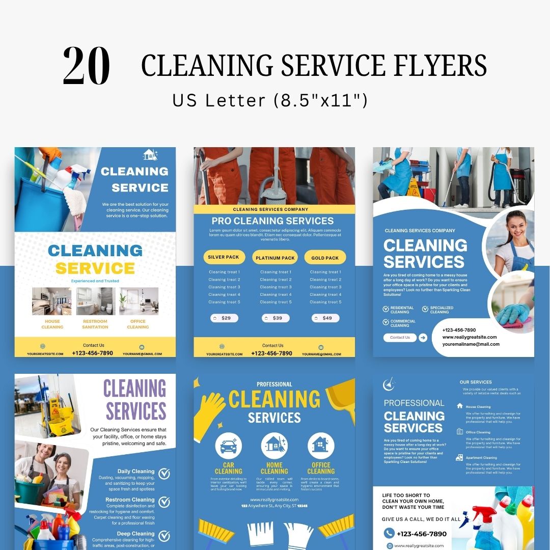 Cleaning Services Bundle, Business Forms, Door Hanger, Flyers, Business Card, Social Media Post, Canva Templates Blue Themes