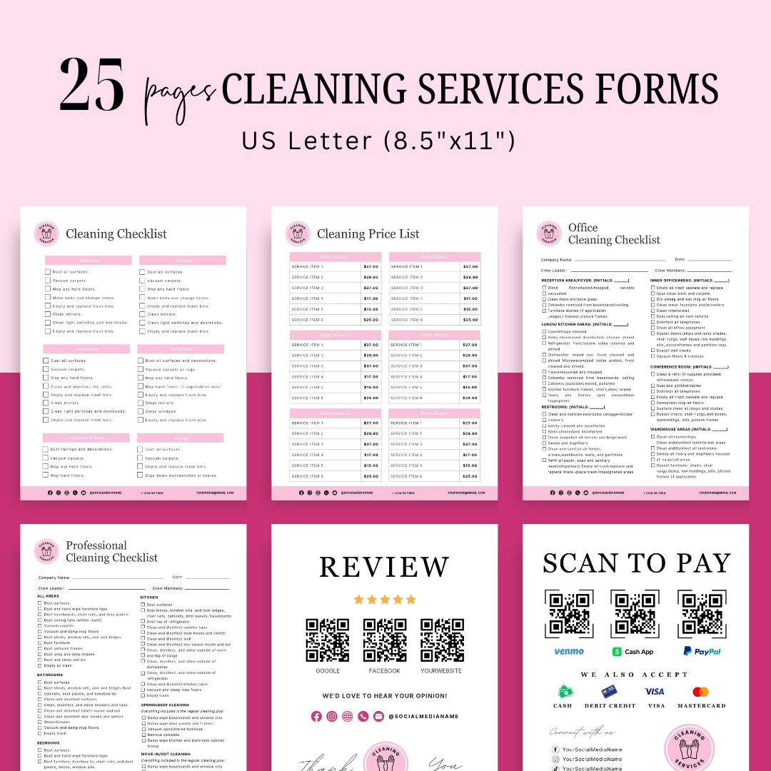 Cleaning Services Bundle, Business Forms, Door Hanger, Flyers, Business Card, Social Media Post, Canva Templates Pink Theme