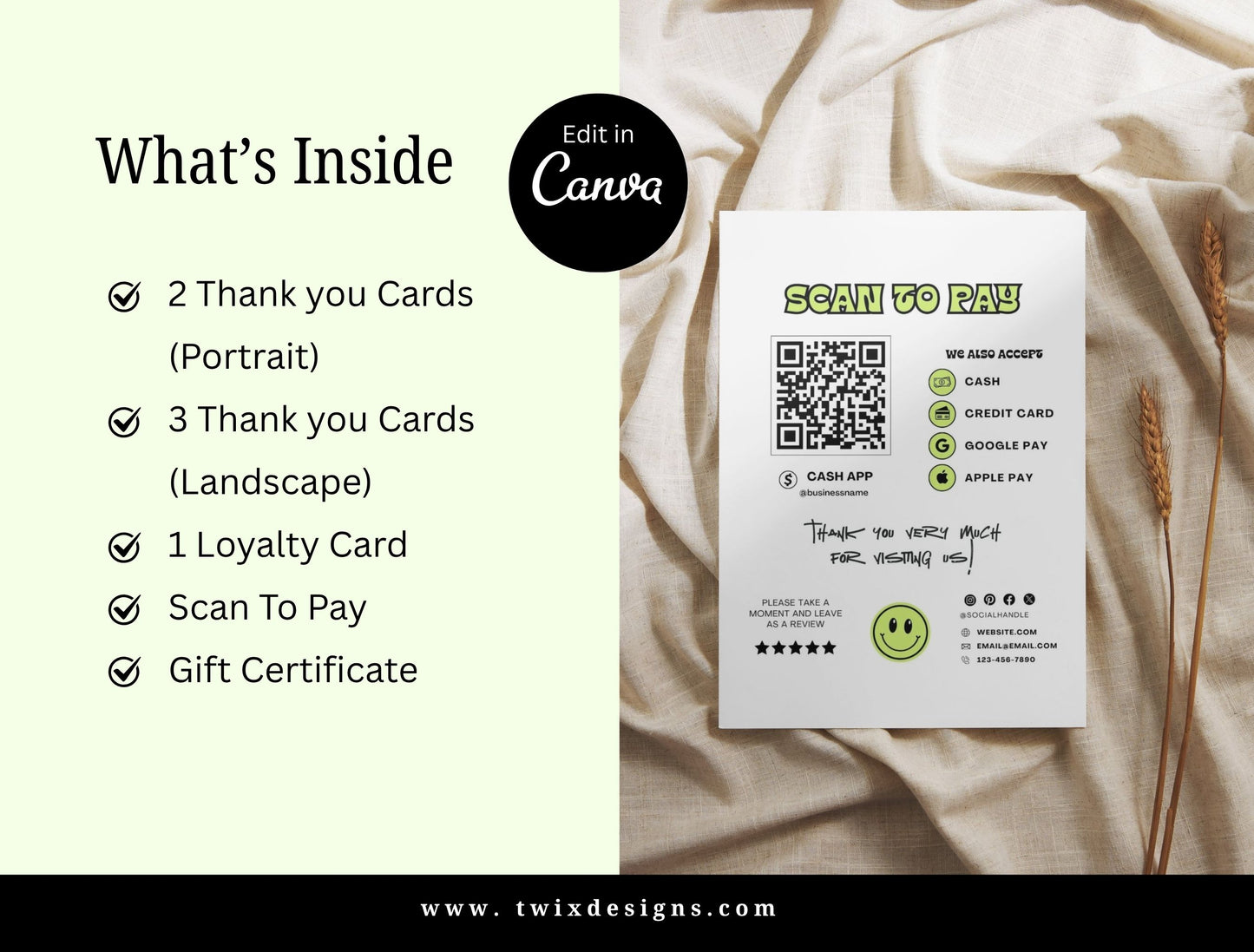 Small Business Printable Kit Canva Templates – Thank You Card, Loyalty Card, Gift Certificate, QR Code Payment NeoNoble Theme