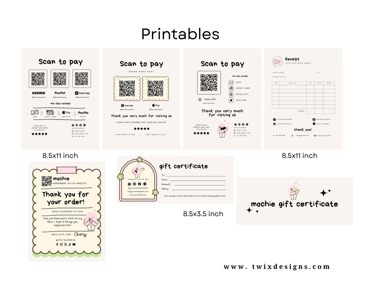 Small Business Printable Kit Canva Templates – Thank You Card, Loyalty Card, Gift Certificate, QR Code Payment Mochie Theme