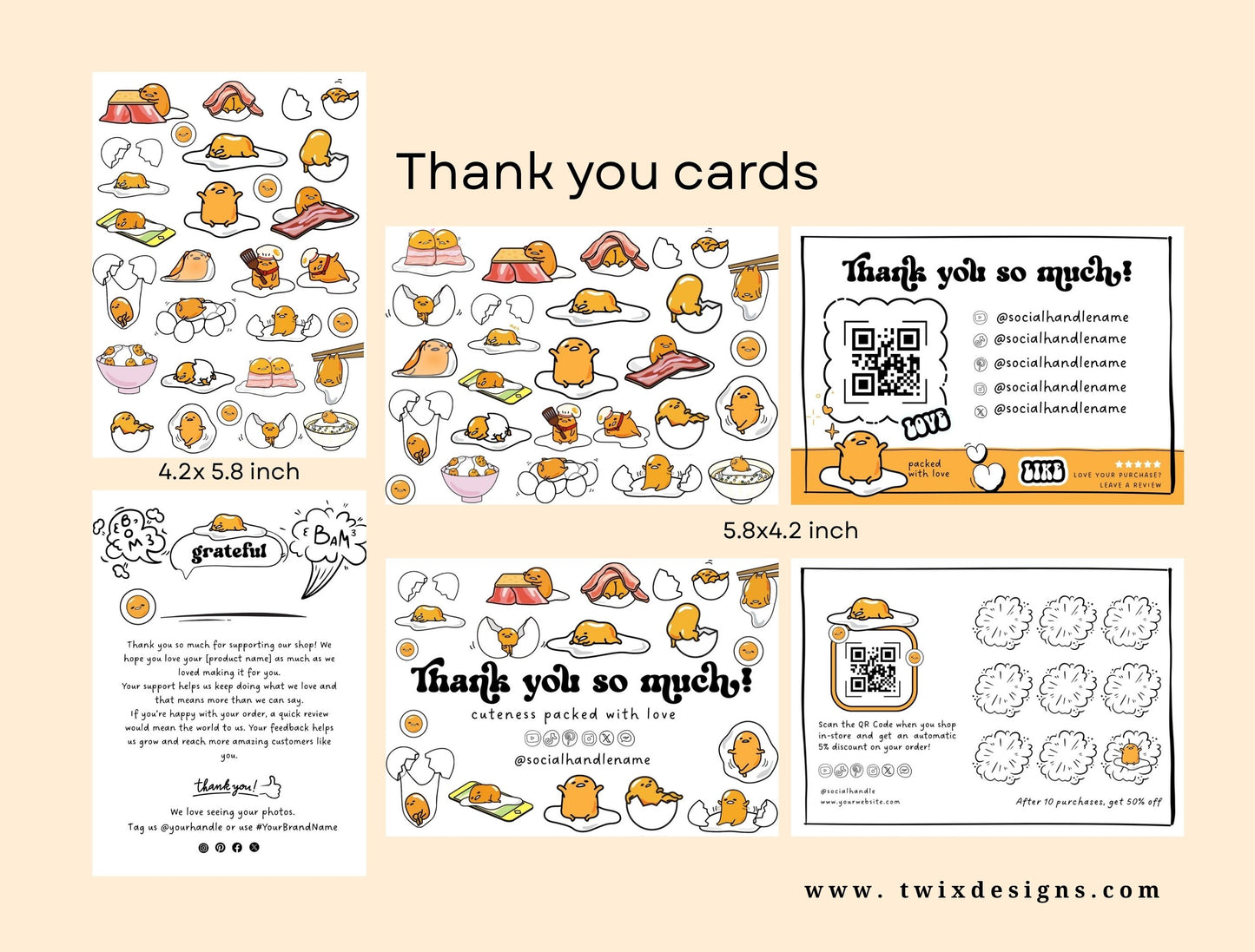 Small Business Printable Canva Templates – Thank You & Loyalty Card, Gift Certificate, QR Code Payment Gudetama Playful Fun Theme
