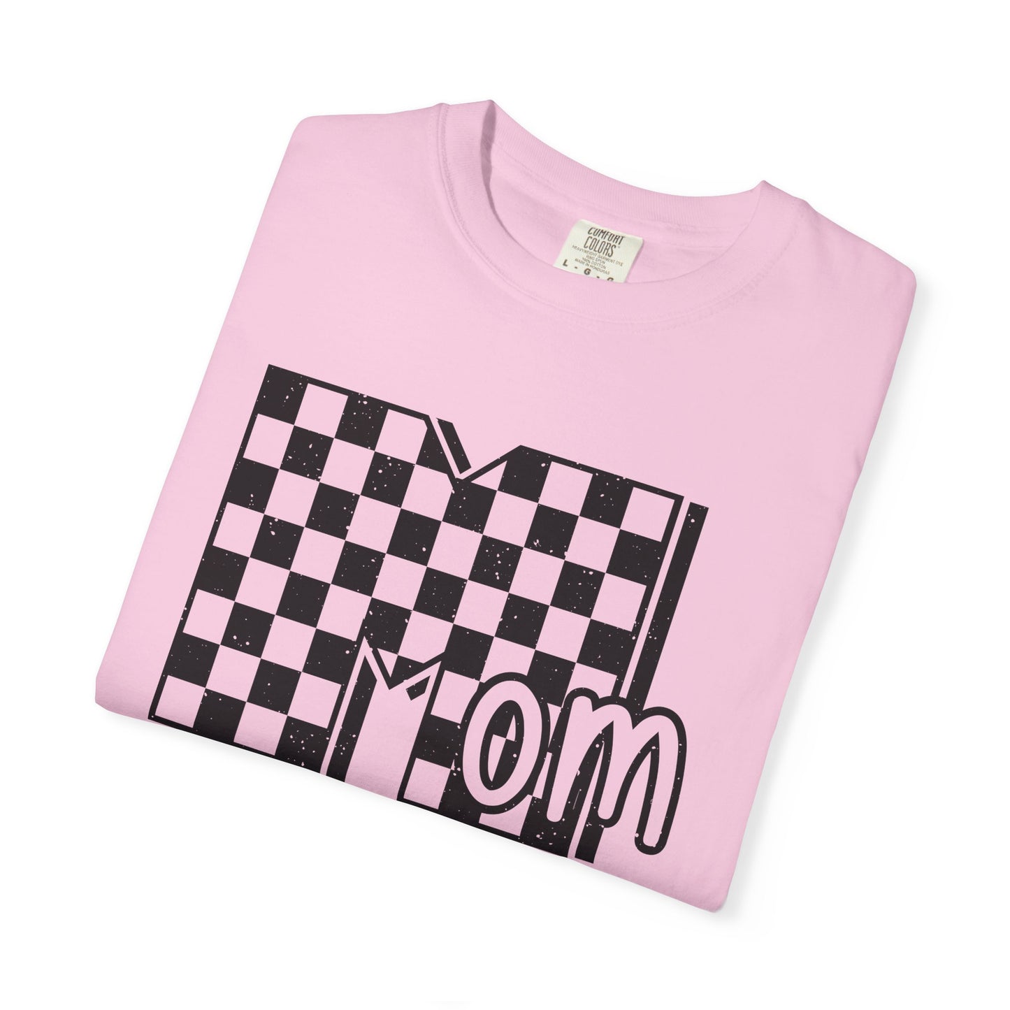 Mom Life Garment-Dyed T-shirt, Unisex Tee, Mother's Day Gift, Casual Wear, Checkerboard Pattern, Comfortable Mom Shirt