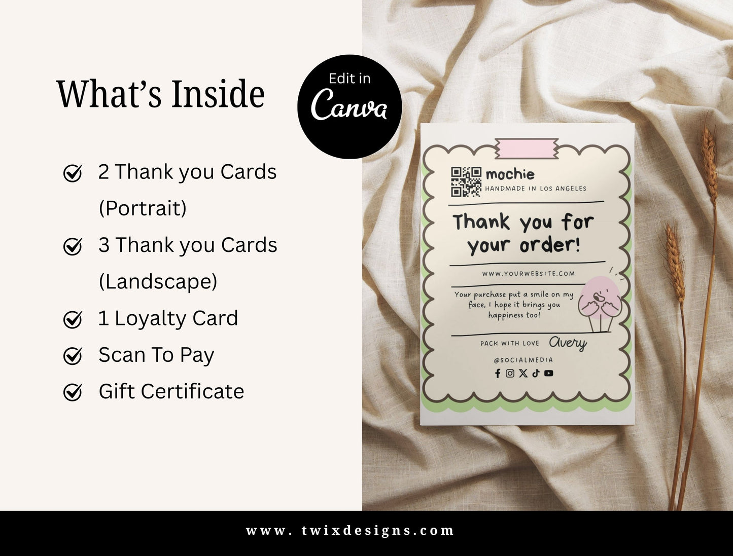 Small Business Printable Kit Canva Templates – Thank You Card, Loyalty Card, Gift Certificate, QR Code Payment Mochie Theme