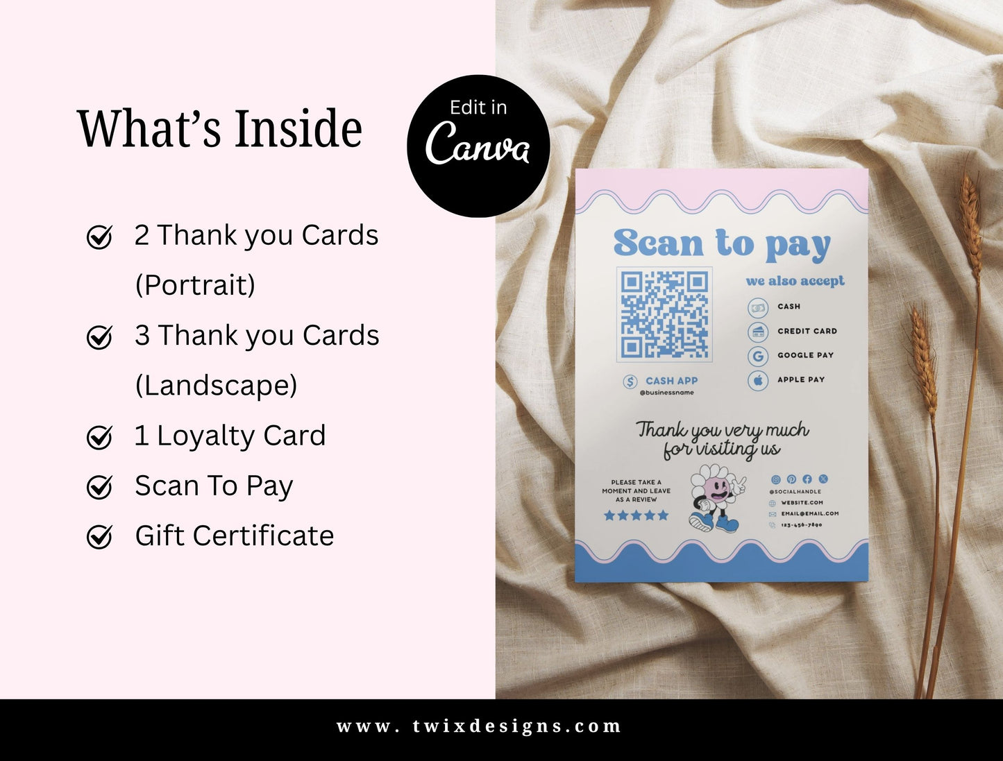 Small Business Printable Kit Canva Templates – Thank You Card, Loyalty Card, Gift Certificate, QR Code Payment Blush&Blue Theme