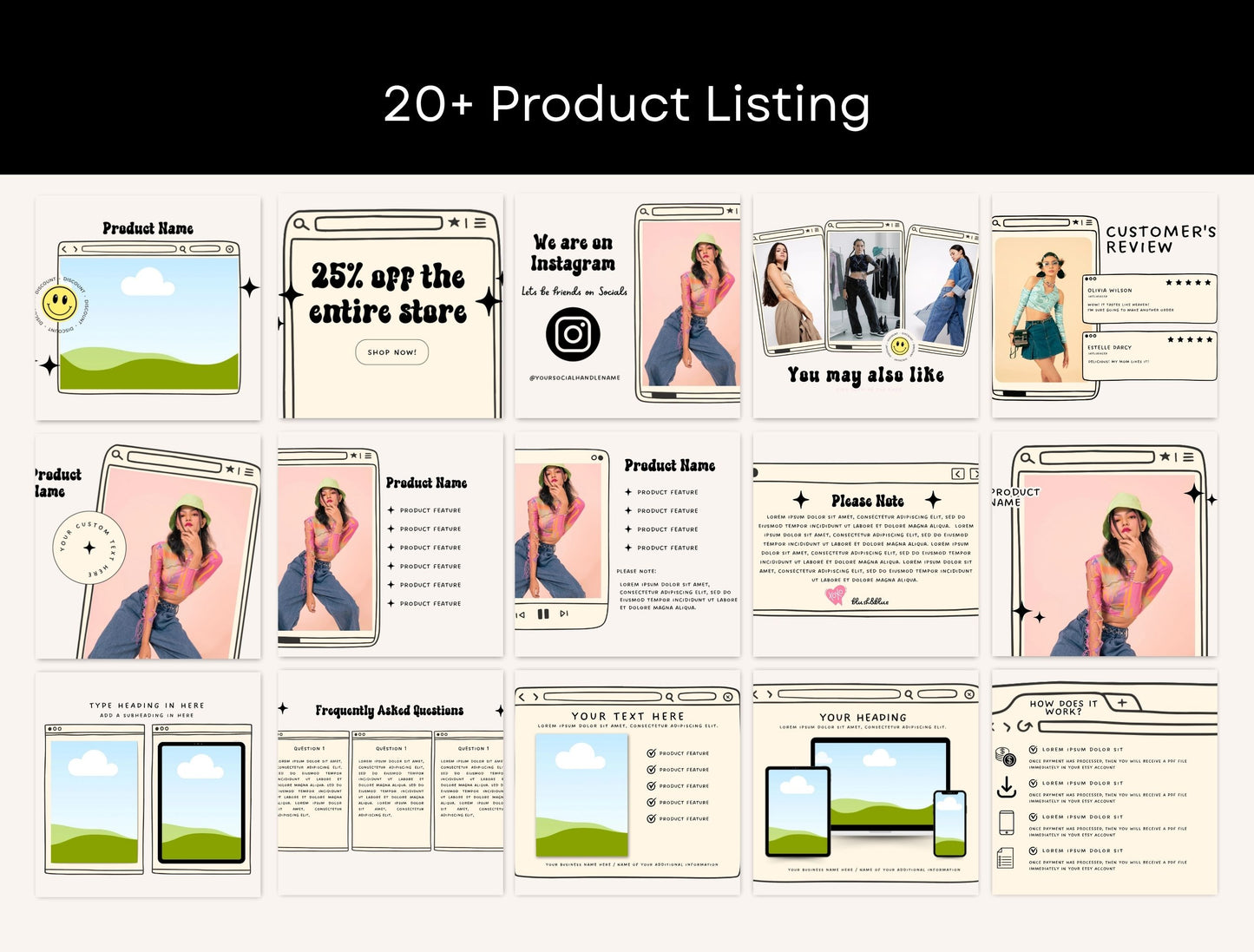 Etsy Shop Kit Retroframe Bundle, Editable Canva Templates, Product Listing Photos Mockup, Etsy Seller Retro Drawn Store Branding