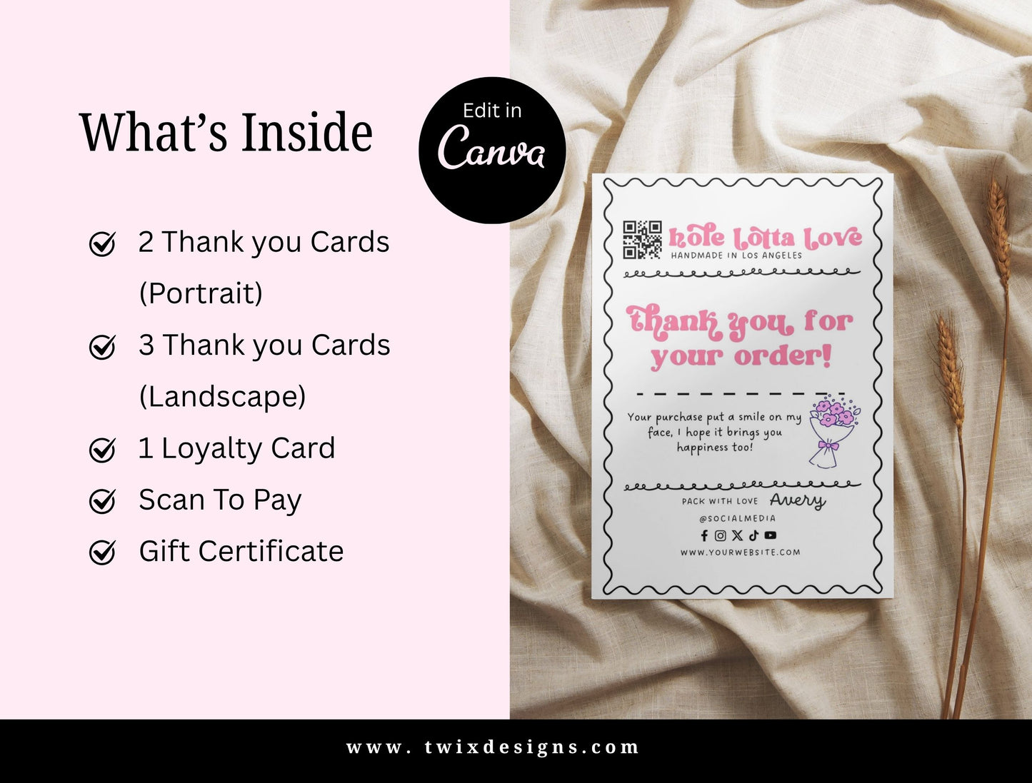 Small Business Printable Kit Canva Templates – Thank You Card, Loyalty Card, Gift Certificate, QR Code Payment Hole Lotta Love Bakery Pink Cafe Theme