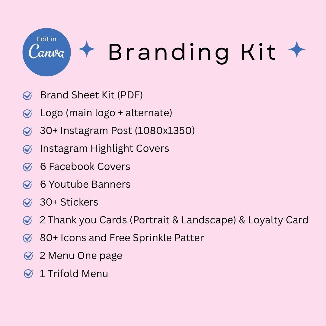 Branding Kit Cafebar Editable Canva Templates Business Cards Marketing Posts Blue Pink Theme
