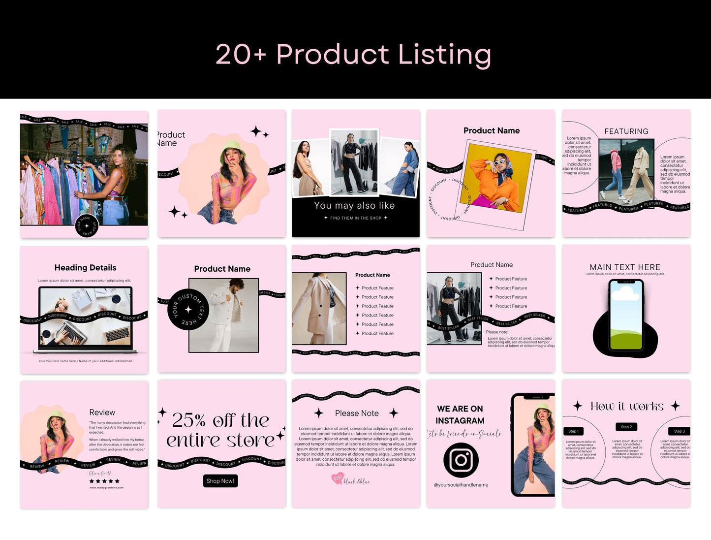 Etsy Shop Kit Pinkvibe Bundle, Editable Canva Templates, Product Listing Photos Mockup, Etsy Seller Retro Drawn Store Branding