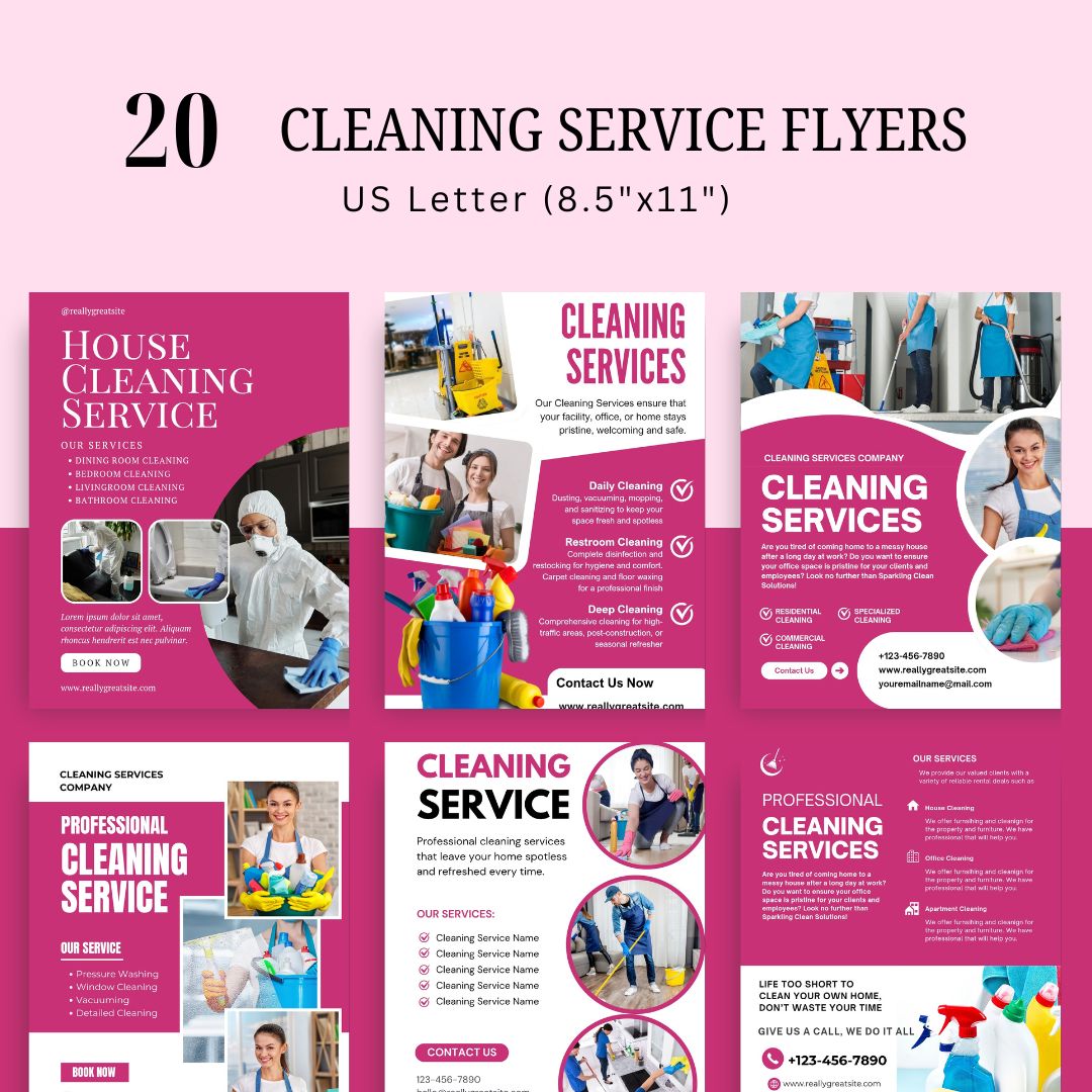 Cleaning Services Bundle, Business Forms, Door Hanger, Flyers, Business Card, Social Media Post, Canva Templates Pink Theme