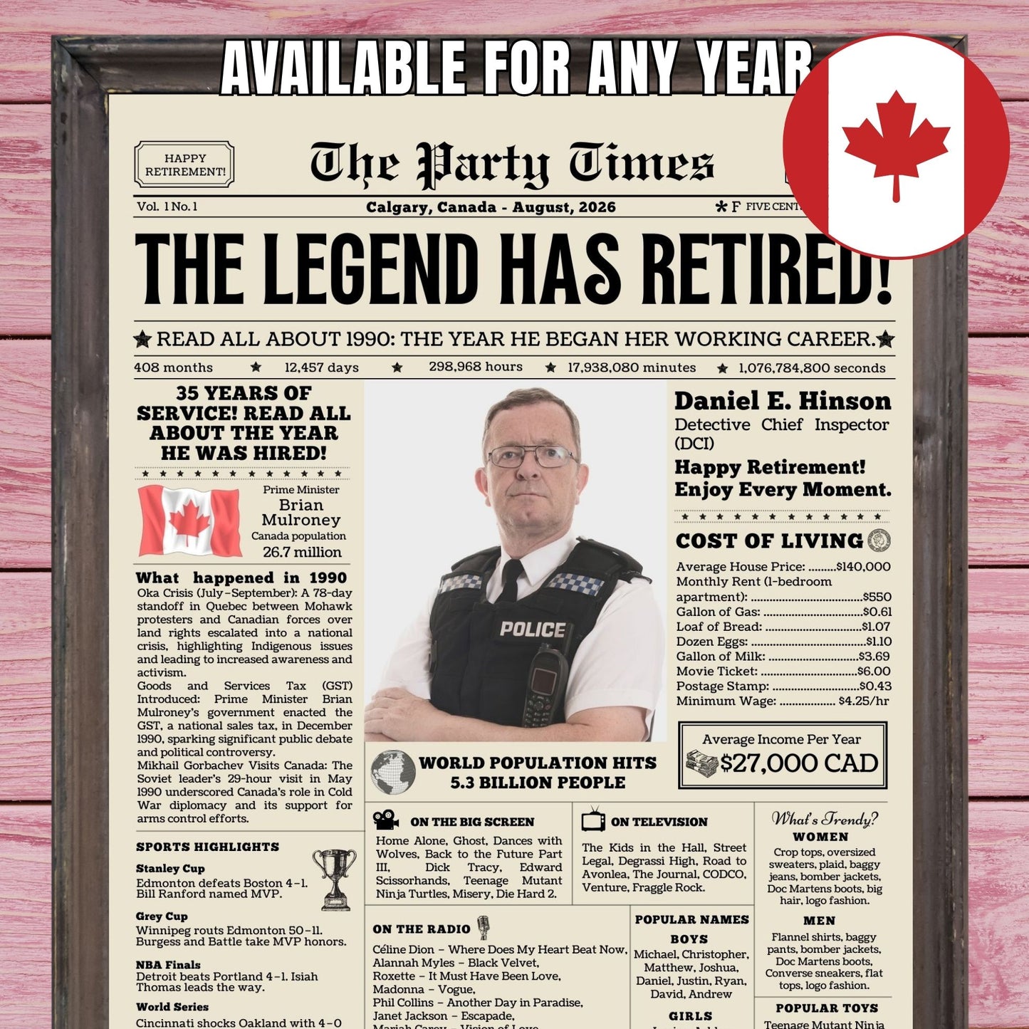 Personalized Canada Retirement Celebration Poster - The Legend Has Retired - Personalized Matte Vertical Print