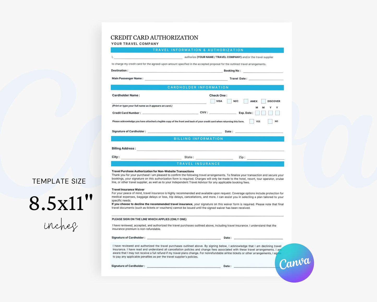 Travel Credit Card Authorization Form, Editable Canva Templates