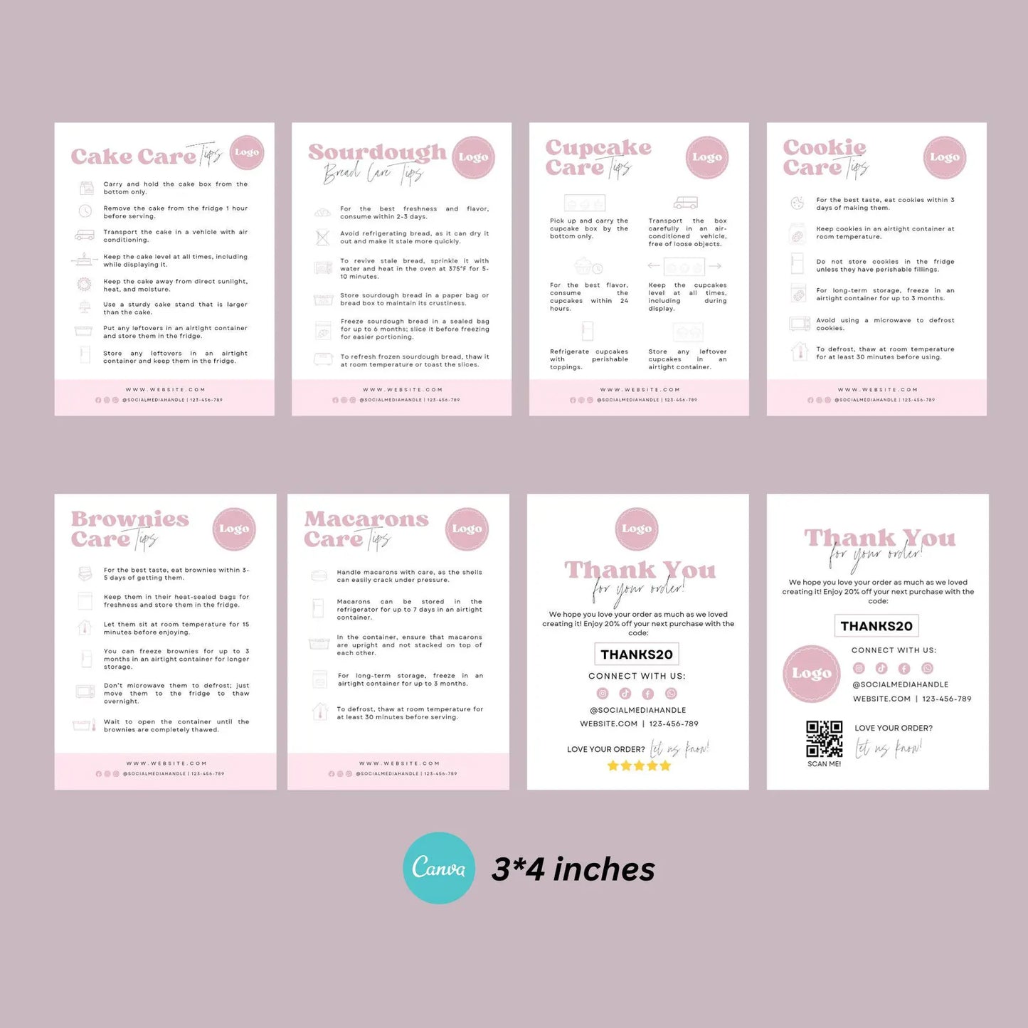 6 Dessert Care Card Printable, Editable Canva Template, Bakery Small Business, 3 * 4 inch size