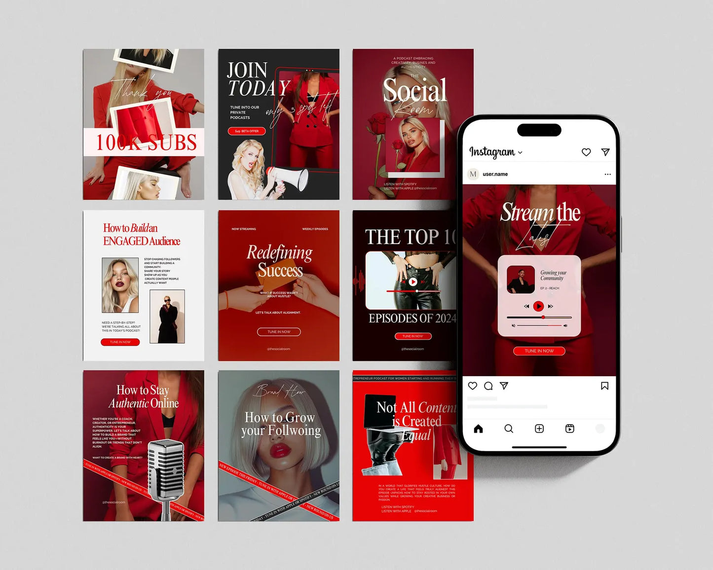 Podcast Bold Red Instagram Posts Using This Brand Style Theme