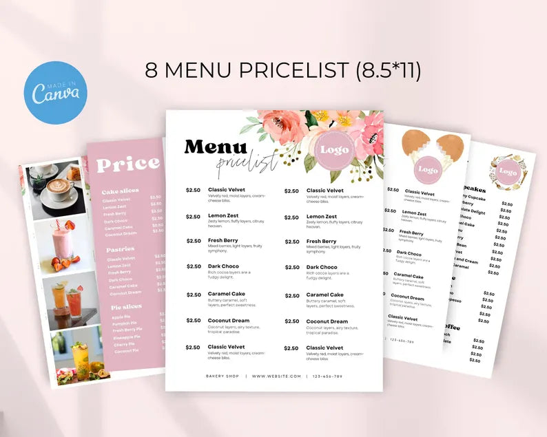 Menu Pricelist Forms Printable, Business Signs, Editable Canva Templates, Bakery Small Business