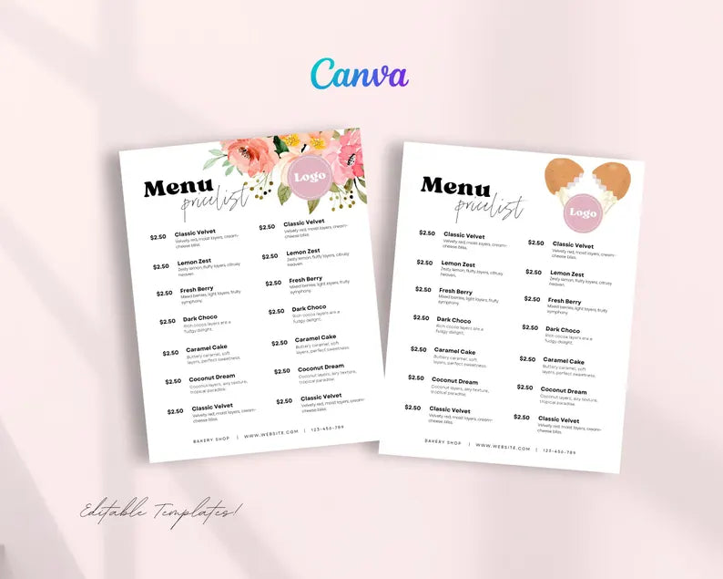 Menu Pricelist Forms Printable, Business Signs, Editable Canva Templates, Bakery Small Business