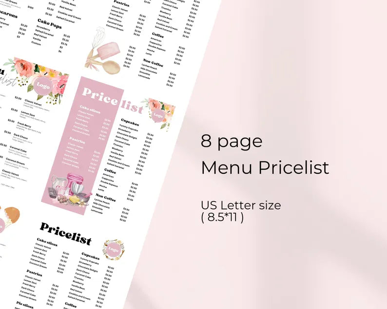Menu Pricelist Forms Printable, Business Signs, Editable Canva Templates, Bakery Small Business