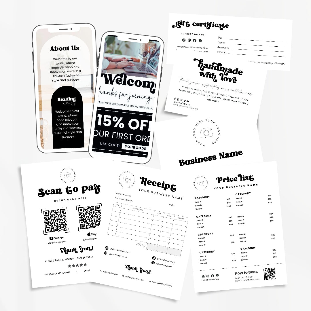 Editable Bright Branding Kit, DIY Canva Modern Black Grey theme, Thank You Business Cards, Social Media Post, Websites, 1000+ templates