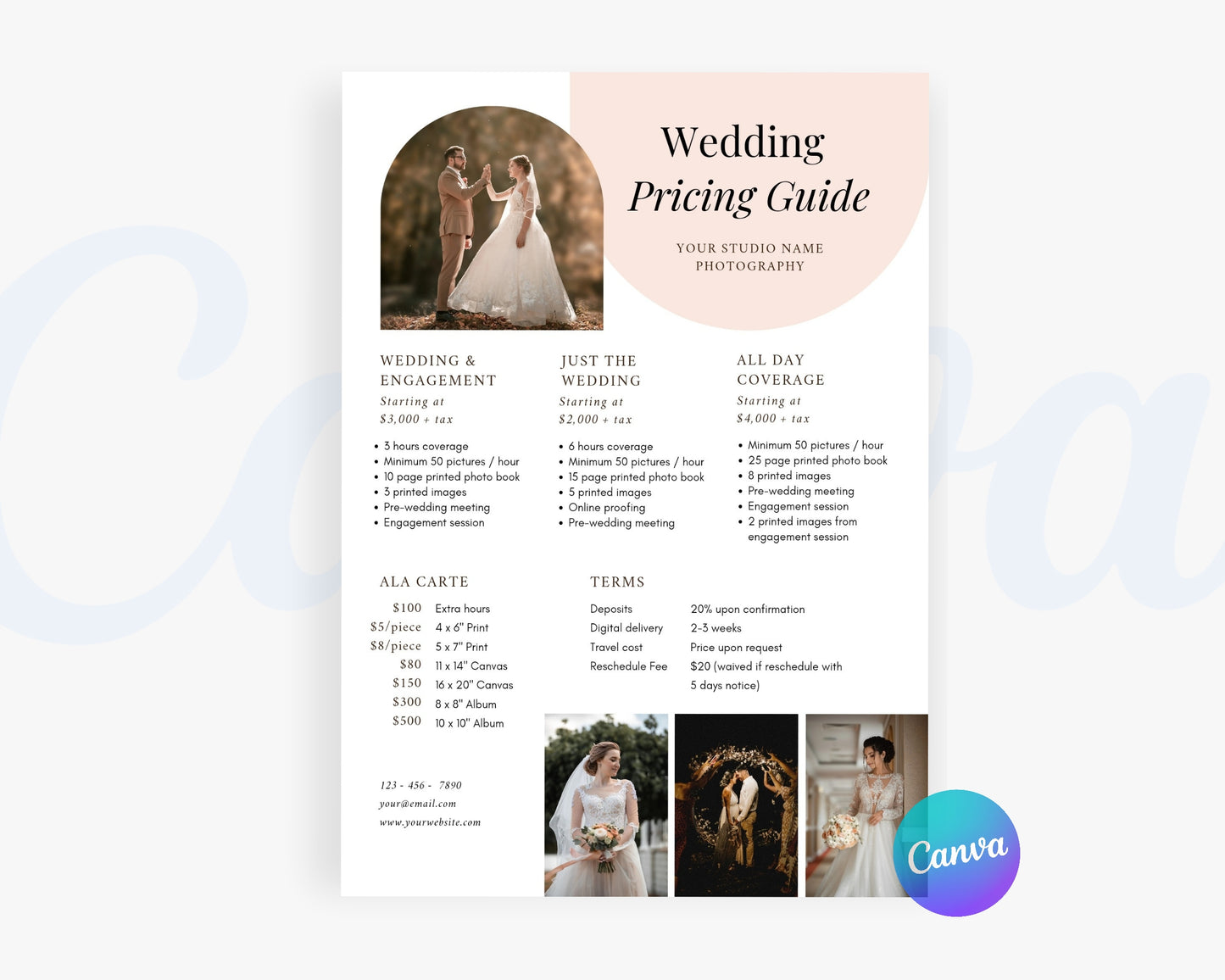 Photography Pricing Guide, Wedding Photography Price List, Edit in Canva - PDP02