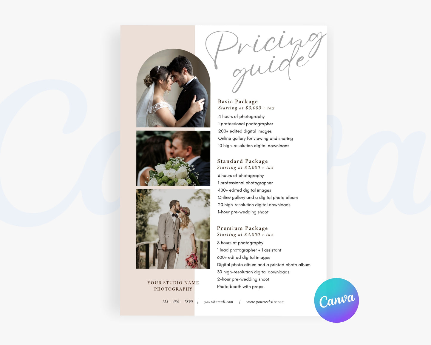 Photography Pricing Guide, Wedding Photography Price List, Edit in Canva - PDP04