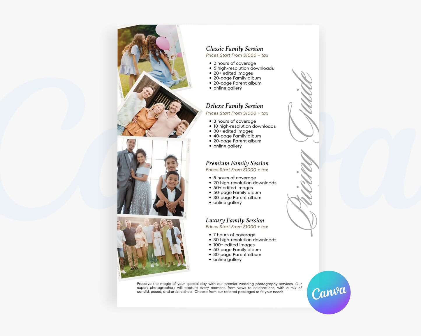Photography Pricing Guide, Wedding Photography Price List, Edit in Canva - PDP22