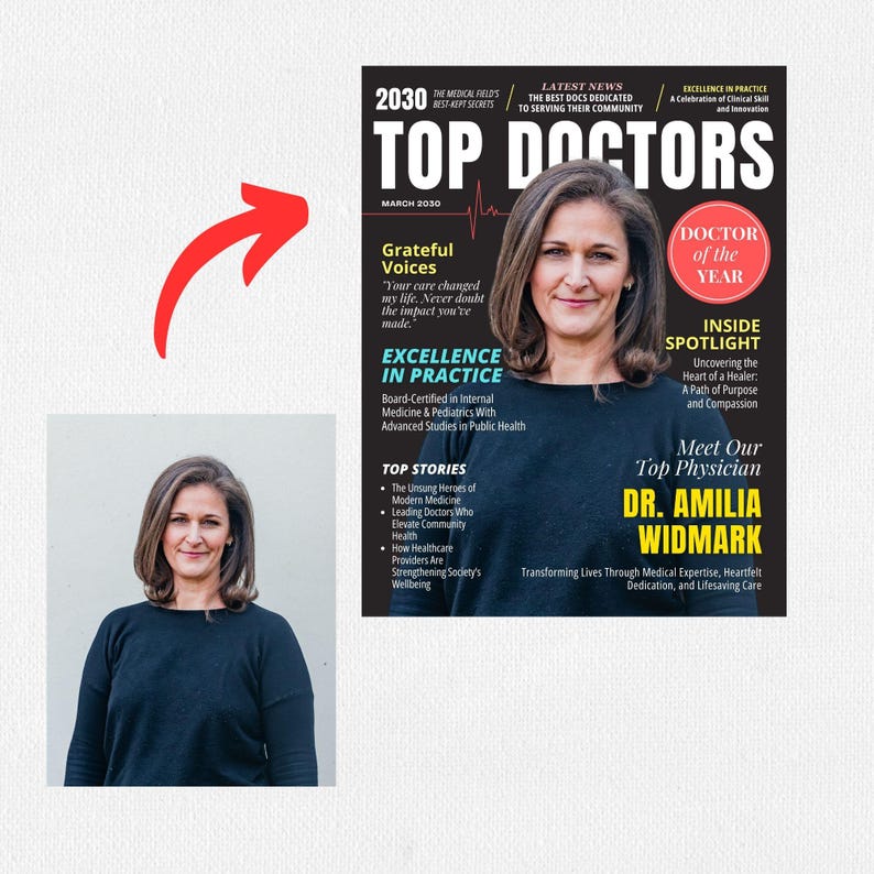 Doctor Magazine Cover, Doctor Retirement Gift, Men and Women Gifts for Doctor, Editable in Canva