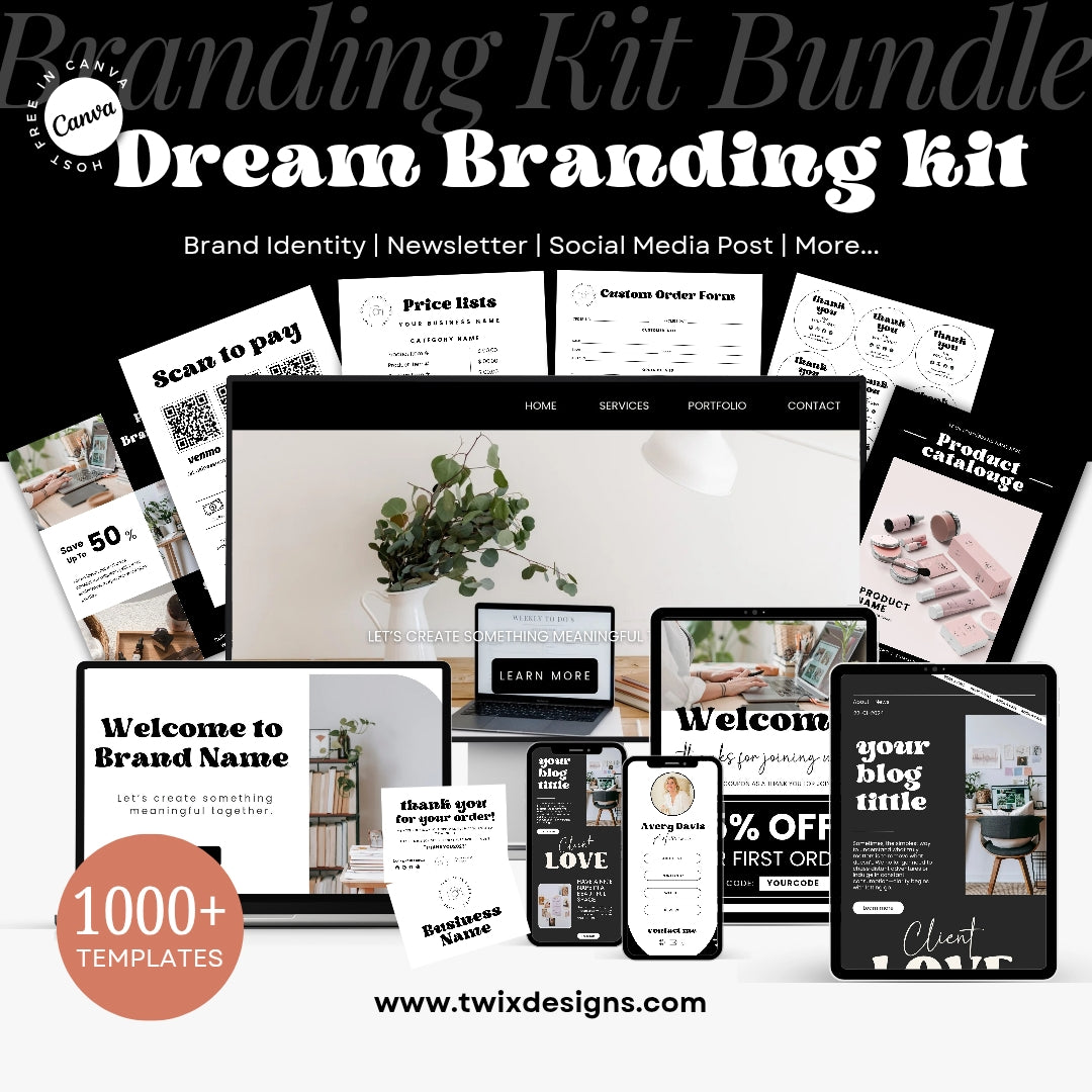 Editable Dream Branding Kit, DIY Canva Modern Black Grey theme, Thank You Business Cards, Social Media Post, Websites, 1000+ templates