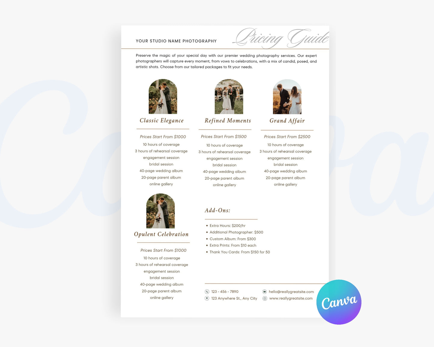 Photography Pricing Guide, Wedding Photography Price List, Edit in Canva - PDP15