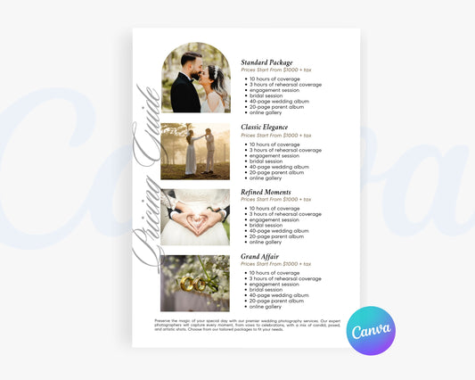 Photography Pricing Guide, Wedding Photography Price List, Edit in Canva - PDP20