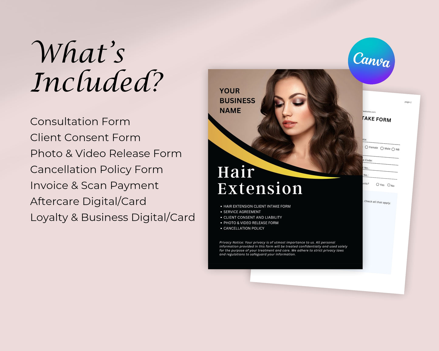 Hair Extensions Business Forms, Consultation form, Client consent form, Loyalty & Business Card, Edit in Canva